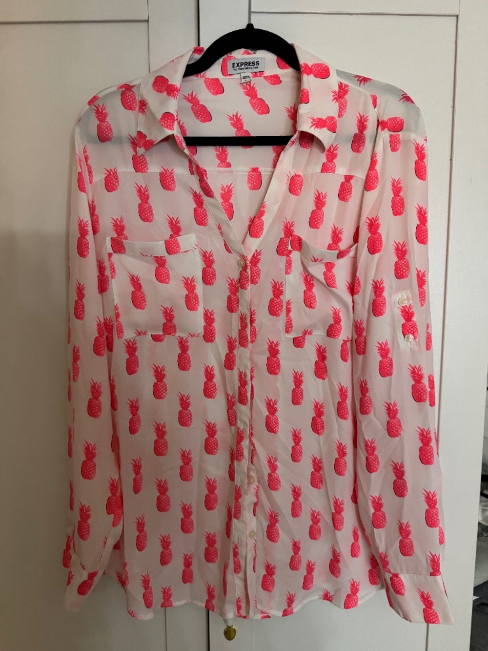 Express Portofino Shirt XL Pink Pineapple Print Button Down Blouse